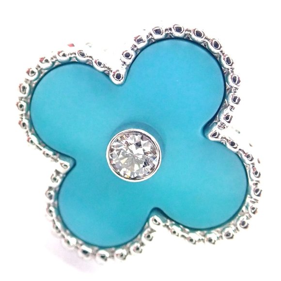 Authentic! Van Cleef & Arpels Alhambra 18k White Gold Diamond Turquoise Ring - Picture 1 of 9